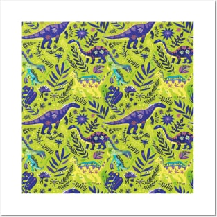 Delightful Dinosaurs in Enchanted Garden Pattern Posters and Art